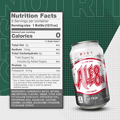 Ale 8 One Ginger Ale Soda With A Caffeine Kick & Hint Of Citrus - Original Flavor - Zero Sugar - 12 Pack, Case Of 12 Oz Cans - Sugar Free Ginger Soft Drink, Pack Of 12 #TOP4