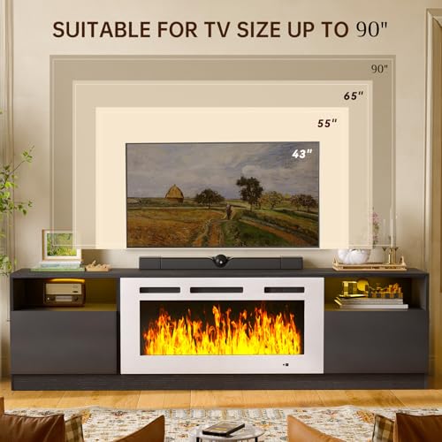 Image of MXV 80 inch Fireplace TV Stand for TVs Up to 90 inch, LED Light Entertainment Center with 36 inch Electric Fireplace, Modern Wood Texture TV Media Console with Highlight Storage Cabinet, Black-White