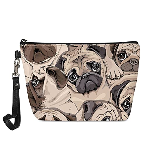 STUOARTE Cute Pug Dog Print Cosmetic Bag for Women Girl, Pu Leather Waterproof Portable Travel Accessories Toiletry Bag Small Purse with Zipper