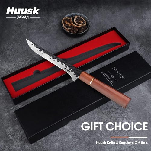 Image of Huusk Boning Knife for Meat Cutting, 7 inch Razor Sharp Fillet Knife for Fish | Hand Forged Carbon Steel, Deboning Knife for Meat Poultry Fish, Rosewood Handle, Gift Box for Chef Men Women