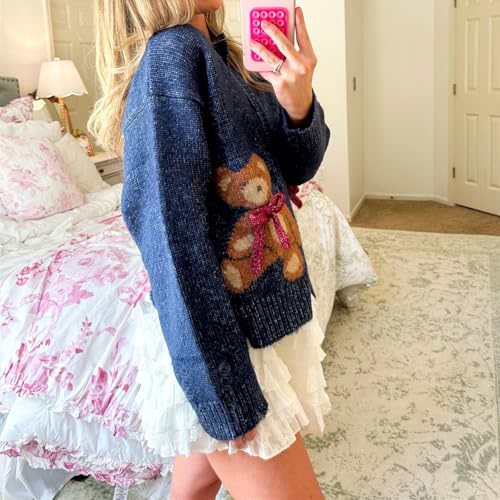Women Cute Bow Bear Cardigan Sweaters Button Down Y2k Knitted Cardigans Casual Long Sleeve Knit Coats4