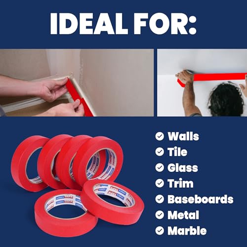 Image of Adhes No Residue Red Masking Tape, 6 Rolls x 2 Inch x 55 Yards, Clean Removal Painter's Tape for Painting, Labeling, Marking, Easy Tear, UV-Resistant