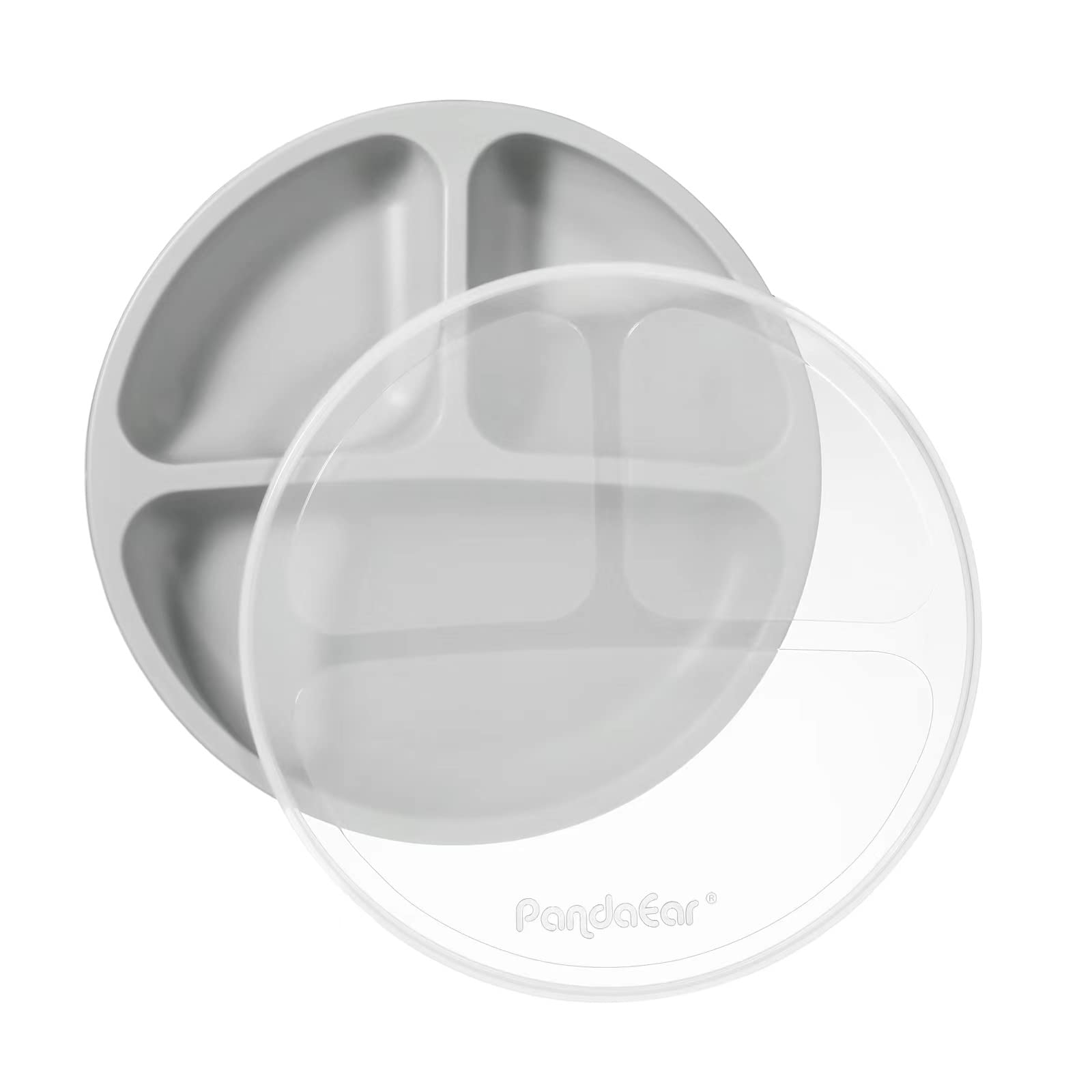 PandaEar Piatti a suzione in silicone per bambini e bambini in età prescolare, confezione da 3 piatti divisibili indistruttibili con coperchio - Antiscivolo (Marrone Grigio Cremoso)