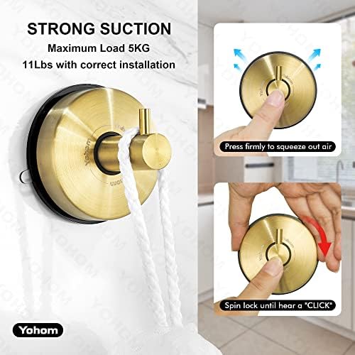 YOHOM Suction Towel Hook Bathrooms Stainless Steel Suction Cup Hook for Shower Tea Towel Holder Kitchen Sucker Hook Window Glass Wall No Drill Brushed