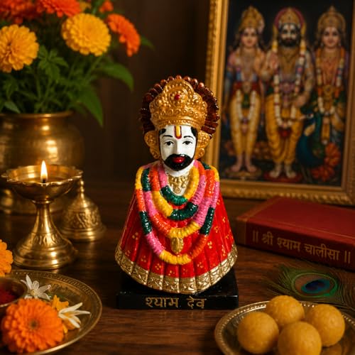 Image of eCraftIndia Red Khatu Shyam Ji Idol for Home Decor | Decorative Khatu Shyam Statue with Garland Design | Spiritual Showpiece for Temple, Living Room & Gifting