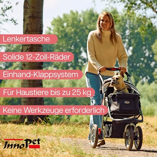Innopet Hundebuggy Comfort EFA Eco Schwarz/Silber – faltbarer Hundewagen, Katzenwagen für Gelände & Strand – pannensichere 30cm Räder, recycelter Nylonstoff