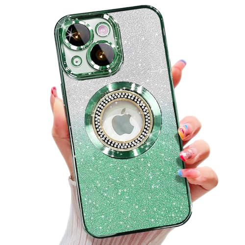 Image of Misscase for iPhone 14 Plus Magnetic Case Compatible with MagSafe,Full Protection Slim Shockproof Anti-Scratch Glitter Case with Camera Lens Protector Logo View Dust-Proof Net for Women Green