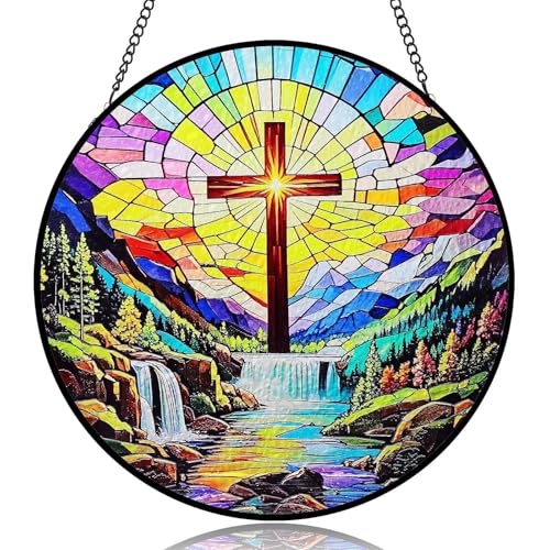 Cross Stained Glass Windows Hanging | 8" Round Religious Suncatchers for Windows Hanging | Sisters in Christ Gifts for Women & Christian Treasures | Religious Christian Wall Art Home Decor