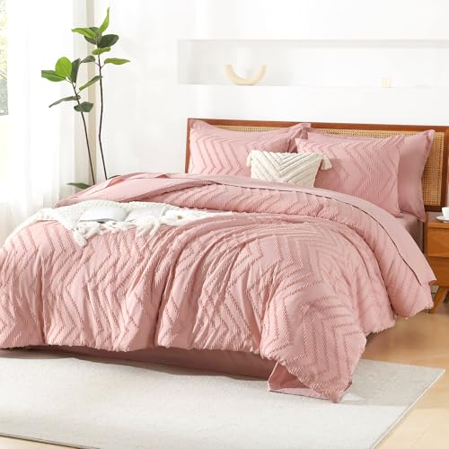 Image of Litanika Blush Pink Full Size Comforter Set with Sheets - 7 Pieces Bed in a Bag Full Boho Tufted Complete Bedding Sets with Comforter, Sheets, Pillowcases & Shams