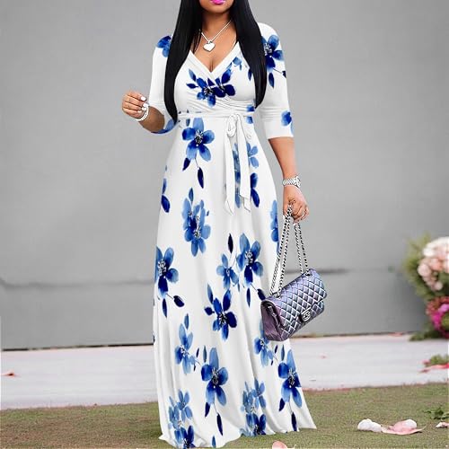 Image of Women Plus Size Long Sleeve V Neck Maxi Dress with Belt | Soft fabric relaxed fit three quarter sleeve v neck with pockets for party and daily wear