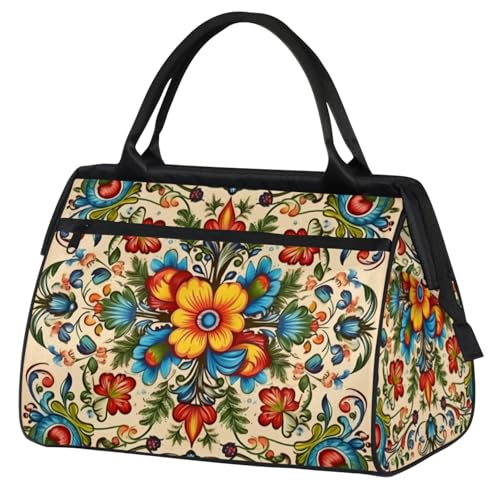 Watercolor Flowers Tribal Print Gym Bag for Women Men Travel Sports Duffel Bag with Trolley Sleeve Waterproof Sports Gym Bag Weekender Overnight Bag Carry On Tote Bag for Travel Gym Sport