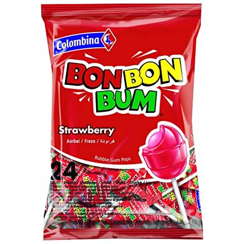 Bon Bon Bum Strawberry Bubble Gum Lollypops Packet, 24's Cover
