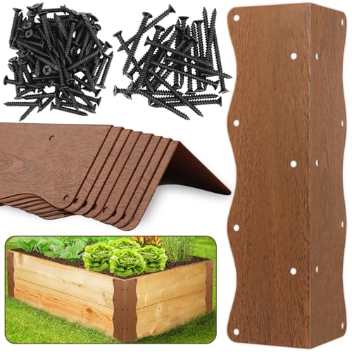 8 Pcs Raised Garden Bed Corner Brackets Heavy Duty Metal Raised Bed Corners and Connectors for Wood(11'x3'x3'), Brown L-Shape Wavy Connectors with Screws, fits for 20'-24' Raised Beds