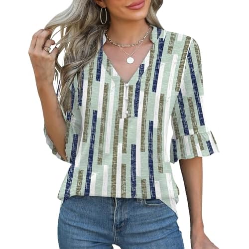 Rapbin Womens 3/4 Length Sleeve Blouses Ruffle Cuffs V Neck Button Down Shirts Dressy Flowy Tunic Tops