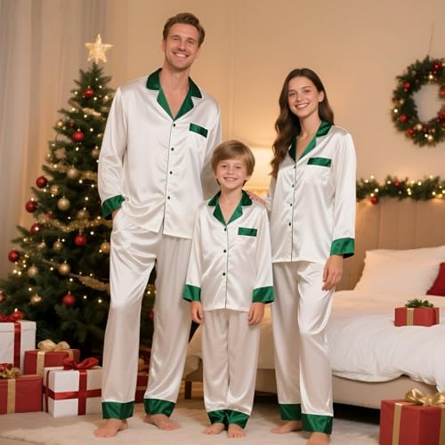 Family Christmas Pajamas Matching Sets 2025 Xmas Silk Satin Pjs Matching Sets Holiday Couples Button Down Sleepwear3