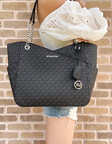 Michael Kors Jet Set Travel Large Chain Shoulder Tote Black Mk Signature #TOP1