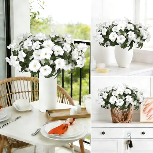 Image of Artificial Flowers for Outdoors, Faux Petunias Spring Summer Decoration, Fake Flowers Plants UV Resistant Look Real Silk Flowers for Outside Planter Front Door Porch Patio Yard (6, White)