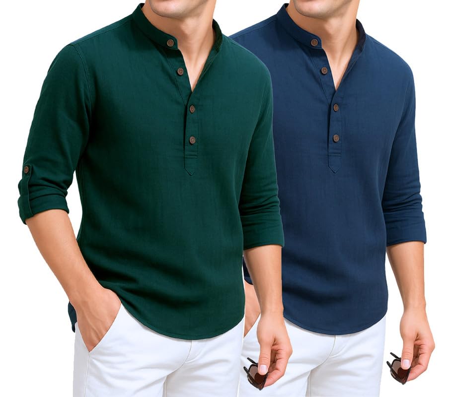Image of DEELMO Combo of Men's Cotton Blend Solid Regular Fit Full Sleeve Short Kurta | Men's Trendy Short Kurta Pack of 2