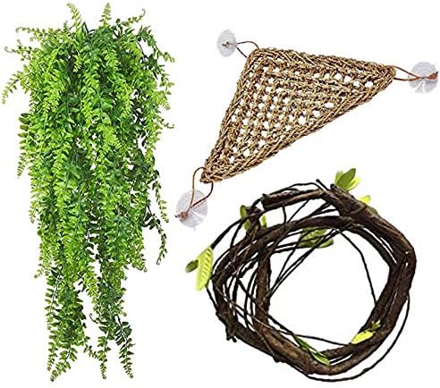 PINVNBY Bearded Dragon Tank Accessories,Reptile Plants Hanging Climbing,Lizards Habitat Natural Seagrass Hammock and Artificial Bendable Vines Branch for Chameleon Geckos Snake and Hermit Crabs