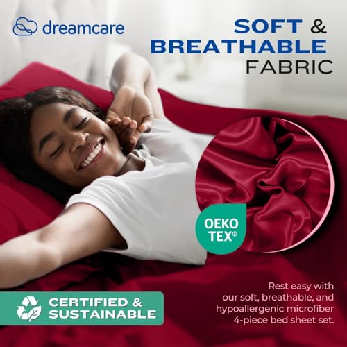 Image of DREAMCARE Full Size Sheets - Cooling Sheets - 4pcs Set - up to 15 inch Deep Pocket Full Sheet Set - Sheets Full Size Bed - Soft & Long Lasting 100% Fine Brushed Polyester with Side Pocket - Burgundy