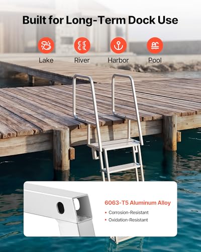 Image of VEVOR Flip-Up Dock Ladder, 5-Step, Heavy-Duty Aluminum Alloy Pontoon Boat Swim Ladder, with Non-Slip Wide Steps, 350 lbs Weight Capacity, Pull Rope Assist, Comfort Use for Lake Pool Marine Boarding
