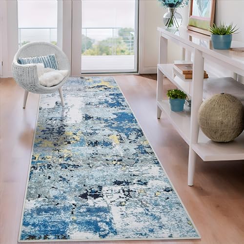 2x6 Runner Rugs for Hallways Kitchen Runner - Washable Runner Rug with Non Slip Rubber Backing, Soft Abstract Carpet Long Hallway Runners for Bedroom, Bathroom, Enterway(Blue)