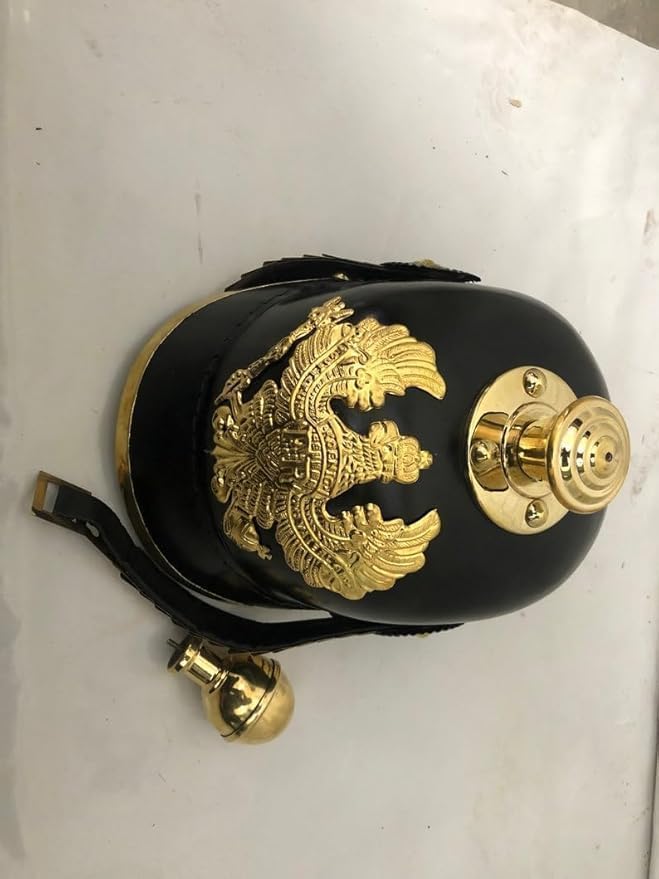 German Pickelhaube Helmet with Brass Badge, Black Military Costume Helmet, 26 x 8 x 9 inches