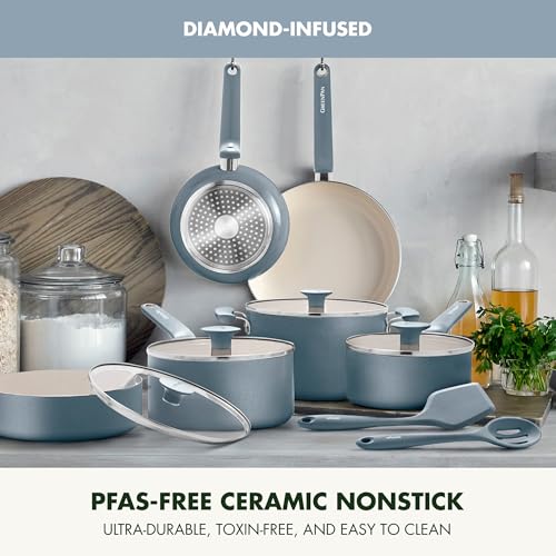 Image of GreenPan Rio Advanced 12 Piece Cookware Set, Ceramic Nonstick PFAS-Free Pots & Pans with Cooking Utensils, Induction Ready, Dishwasher & Oven Safe, Blue