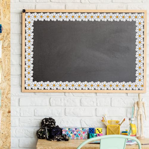 Image of Whaline 32.8 Ft Retro Daisy Flower Bulletin Board Border White Yellow Groovy Daisy Floral Die-Cut Border Trim for Back to School Chalkboard Wall Decoration