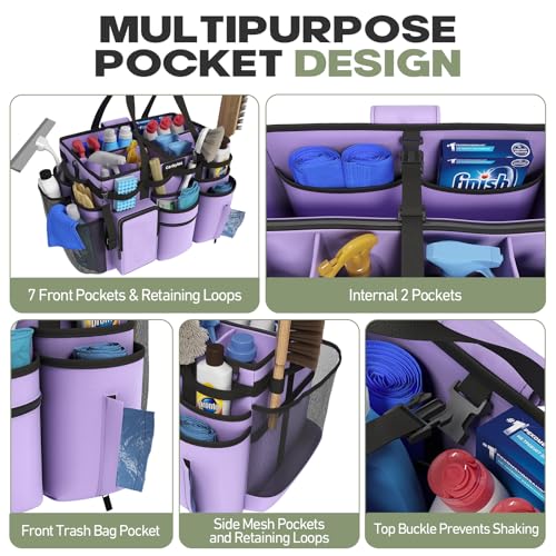 Image of Rolling Cleaning Caddy Bag with Detachable Trolley, Cleaning Supplies Organizer Cart on Wheels, Cleaning Supply Caddy for Housekeepers (Purple, 11.5 inch Dx15.7 Wx13 H)