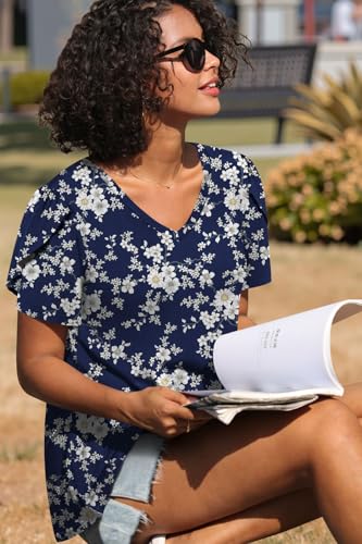 Image of CATHY 2026 Women Tops Summer Short Sleeve Tunic V Neck T-Shirts Loose Casual Floral Blouse S-4XL