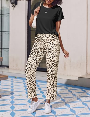 Ekouaer 2 Pack Pajamas for Women Set Short Sleeve Sleepwear Top and Pants Pjs Soft Printed Lounge Sets with Pockets4