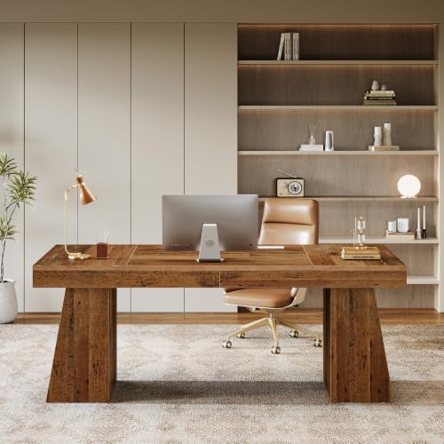 Image of Tribesigns 55-Inch Executive Desk, Thick Wood Office Computer Desk with Double Pedestal, Modern Minimalist Workstations Writing Table Conference Table Furniture for Home Office, Walnut Finish