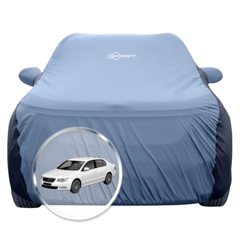 Image of NEODRIFT 'SuperTech' Car Cover for Skoda Superb (100% Water-Resistant, All Weather Protection, Tailored Fit, Multi-Layered & Breathable Fabric) (Colour: L.Blue+Black)