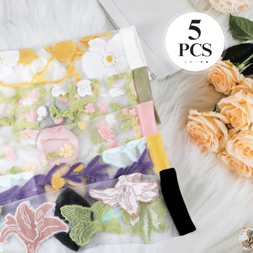 5 Pairs Sheer Socks Women - Lace Trouser Mesh Socks, Summer Ultrathin Crystal Glass Stocking, Sheer Ankle Transparent Fishnet Vintage High Mid Calf Sock for Girls Women Green Yellow Black White Pink2