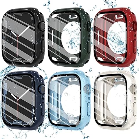 FULLIFE 6-Pack Waterproof Case for Apple Watch Series 9 8 7 45mm with Tempered Glass Screen Protector, iWatch Full Protective Hard PC Bumper Case with Back Cover (2 in 1), 45mm, 6 Colors Cover