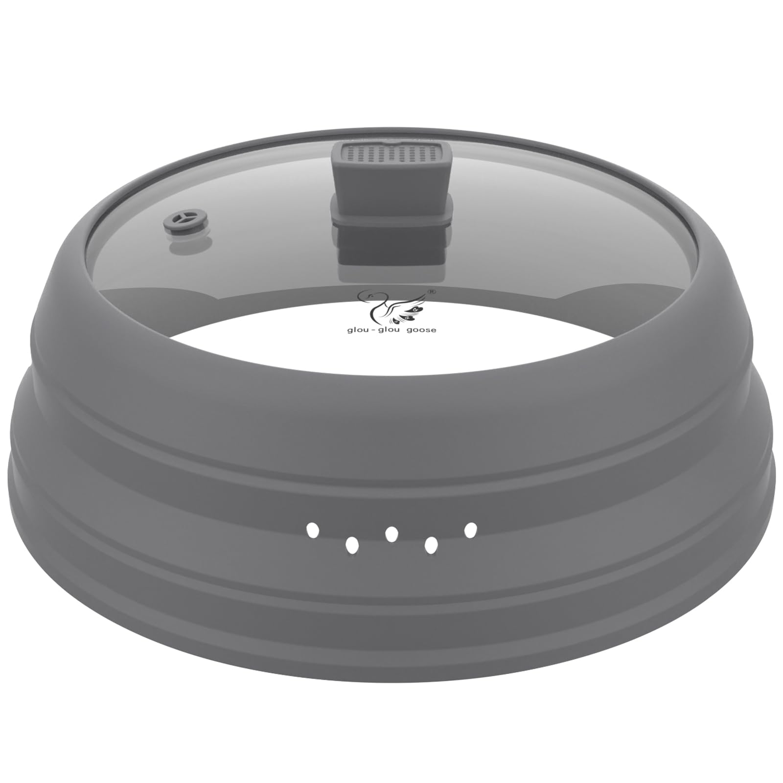 GLOU-GLOU GOOSE GGG Microwave Splatter Cover Glass Lid with Collapsible Silicone Handle, 9.8 inch, Light Grey