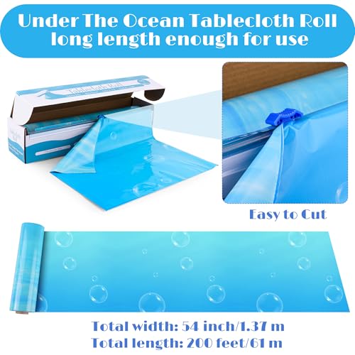 Image of Kochorie 54 Inch x 100 Ft Ocean Waves Plastic Tablecloth Roll in Slide Cutter Box Under the Sea Table Cover Blue Water Print Backdrop Bulletin Board Plastic Roll for Beach Pool Birthday Party Decor