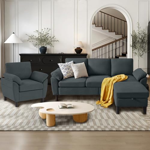 Chireca 3 Piece Convertible Sectional Sofa Set, Modern Linen Small L Shaped Couch with Reversible Ottoman and Accent Chair, 3-Seat Sofa Couches for Living Room, Office, Apartment, Dark Grey