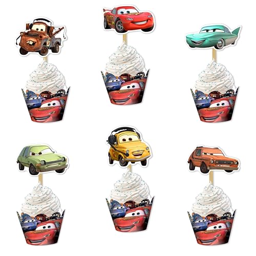 Caars Theme Cupcake Wrapper Decorations – Race Caars Party Cupcake Wrappers for Dessert Table Display – Decorative Baking Cups for Themed Birthday Celebrations, and Racing Party Supplies