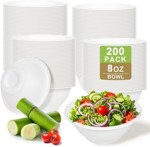 200 Pack Paper Bowls, 8 OZ Compostable Biodegradable Disposable Soup Bowls Heavy-Duty Eco-Friendly Sugarcane White Paper Bowls Bulk Hot Cold Food Serving Plates and Bowl for Salad, Dessert for Party