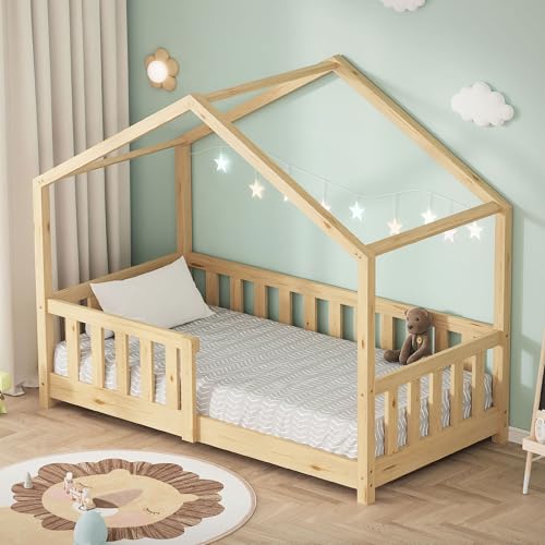ML-Design Cama Infantil Casa 70x140 cm Madera Natural Maciza de Pino, Casita Estilo Montessori con Somier de Láminas, Techo y Protección Anticaída, Cuna Baja de Suelo para Niños, Litera Junior