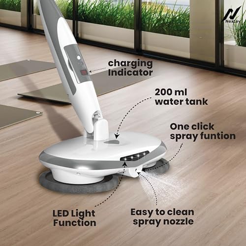 Image of NexLev Cordless Spin Mop|50 Min Runtime|2 Extra Mop Pads | Type C | For Home Kitchen & Office Use | Water Spray Function|Self Propelling|Mopping for All Floor Types|LED for Corners and Underbed|SPM-01