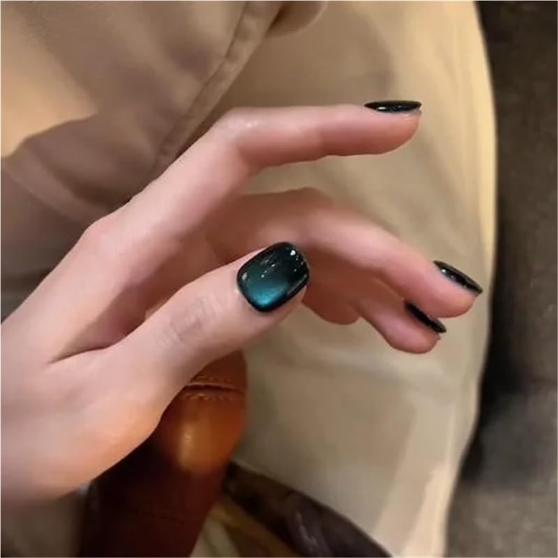 10個入り ハンドメイド 人気 グリッター ブルー キャットアイ プレスオンネイル 光沢 着用可能 ショート つけ爪切り(S)