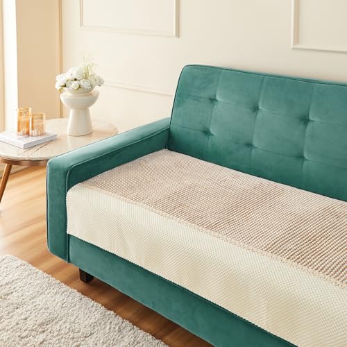 Image of Amazon Basics Knitted Fabric Sofa Cover for Three Seater, Playful Polka Dots, Non-Slip Sofa Pad, 70x180 cm, Soft Silicone Grip Dots, 100% Polyester, Machine Washable - Camel