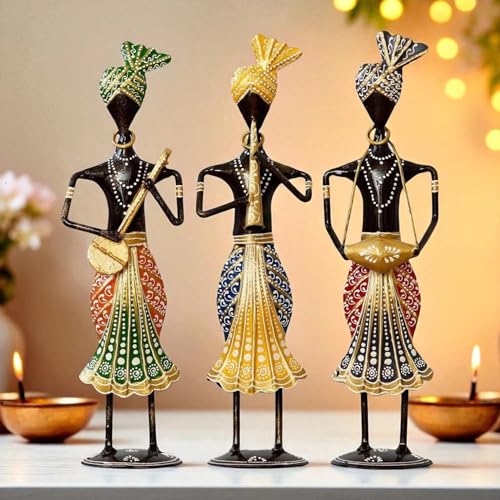 Image of Musical Sardar Set of 3 Handcrafted Rajasthani Musician Figurines | Black Metal Showpiece for Bedroom & Living Room Decor, Home Table & Shelf Decoration | 34.3 cm