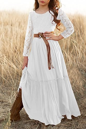 Image of MITILLY Girls Lace Flower Wedding Guest Long Maxi Dress for 6-12 Years | Girls Boho Dress, Girls' Special Occasion Dresses, Wedding Party, Size 6-12 Years, Ruffle Sleeve, A Line, With Pockets