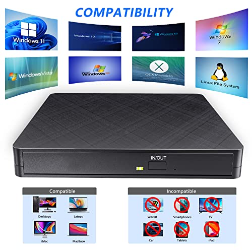Image of HATOKU External CD DVD Drive for Laptop, USB 3.0 and USB-C Portable Burner Writer, 8X DVD and 24X CD Reader Player, Plug and Play Optical Drive for Windows 11 /10 /8 /7, MacBook, Desktop, MacOS Linux