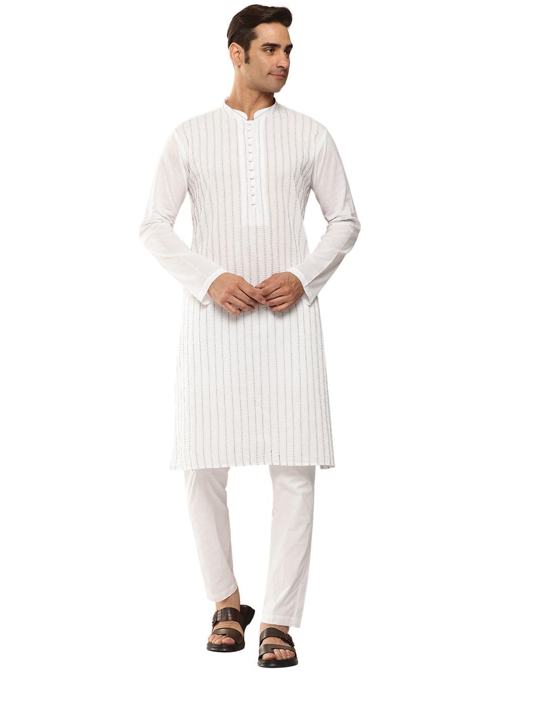 Men's Long Sleeve Thread Worked Pure Cotton Straight Kurta With Pyjama-image-16