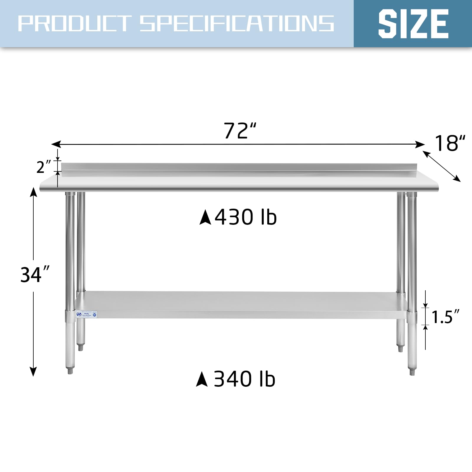 Hally Stainless Steel Table for Prep & Work 18 x 72 Inches, NSF Commercial Heavy Duty Table with Undershelf and Backsplash for Restaurant, Home and Hotel